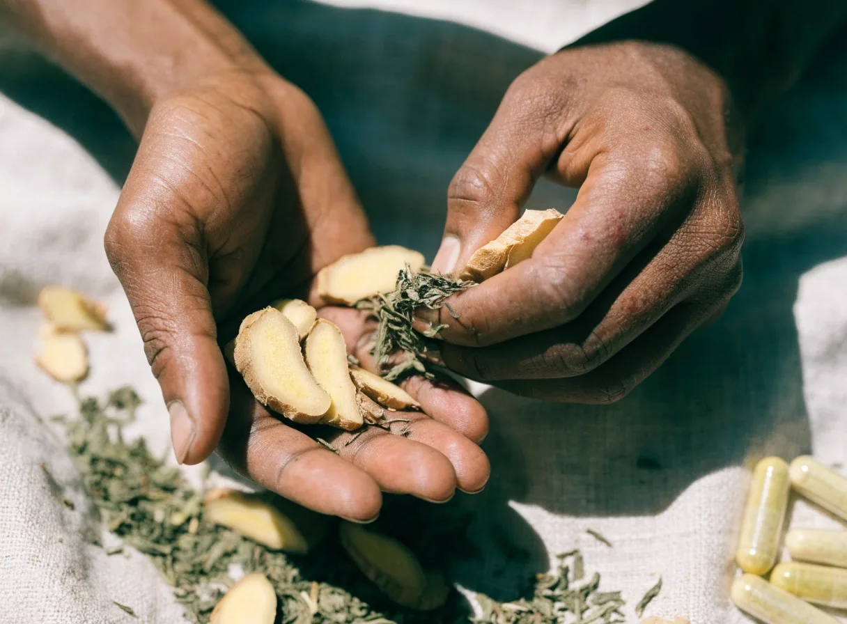 Hojas de té verde y jengibre junto a cápsulas transparentes de origen botánico sobre lino.
