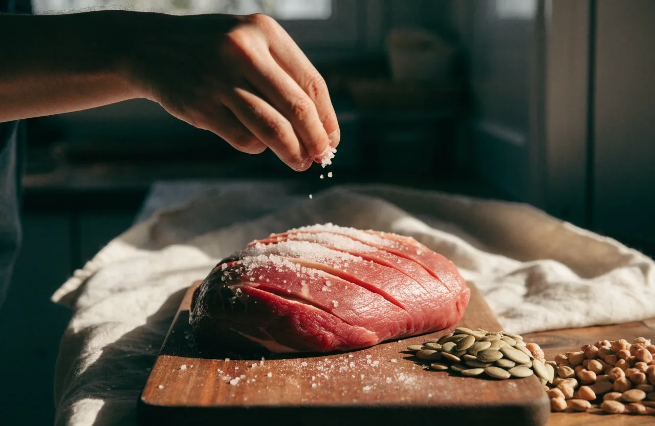 Carne roja, semillas y legumbres sobre lino crudo, fuentes alimentarias del zinc