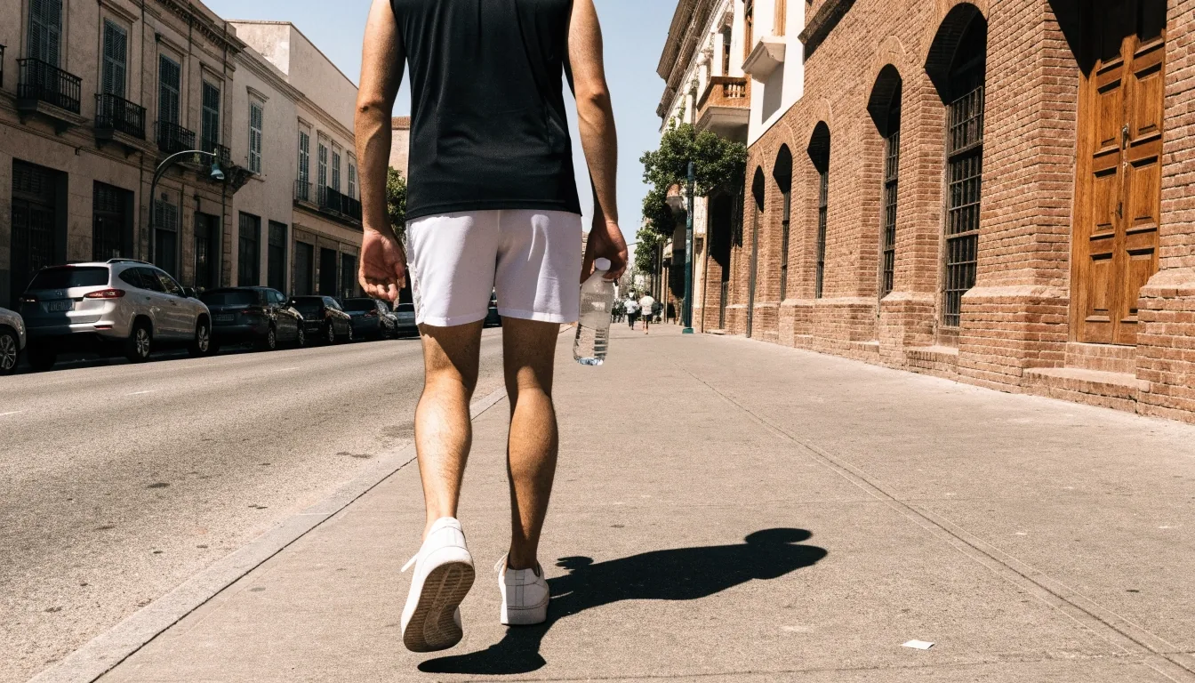 Hombre de espaldas en ropa deportiva neutra caminando por una banqueta soleada con una botella de agua