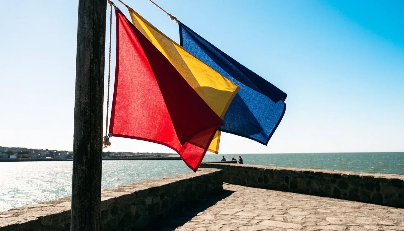 Tres banderas de señal izadas en un mástil sobre cielo abierto y mar al fondo