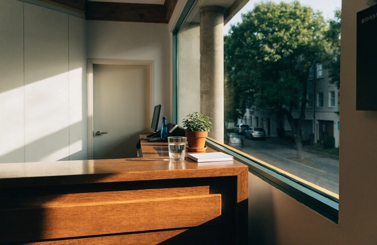 Esquina de oficina con escritorio de madera, silla y ventana que da a una calle arbolada