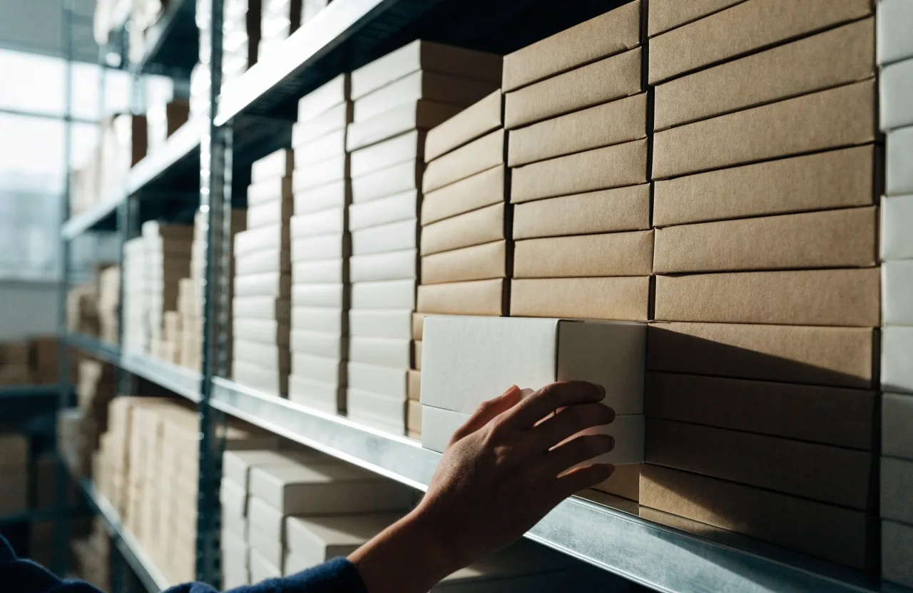 Estantería ordenada de productos con una mano colocando una caja en su lugar