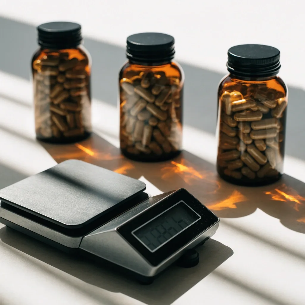 Mesa de estudio con frascos de vidrio ámbar para suplementos y una báscula de precisión bajo luz de mediodía.